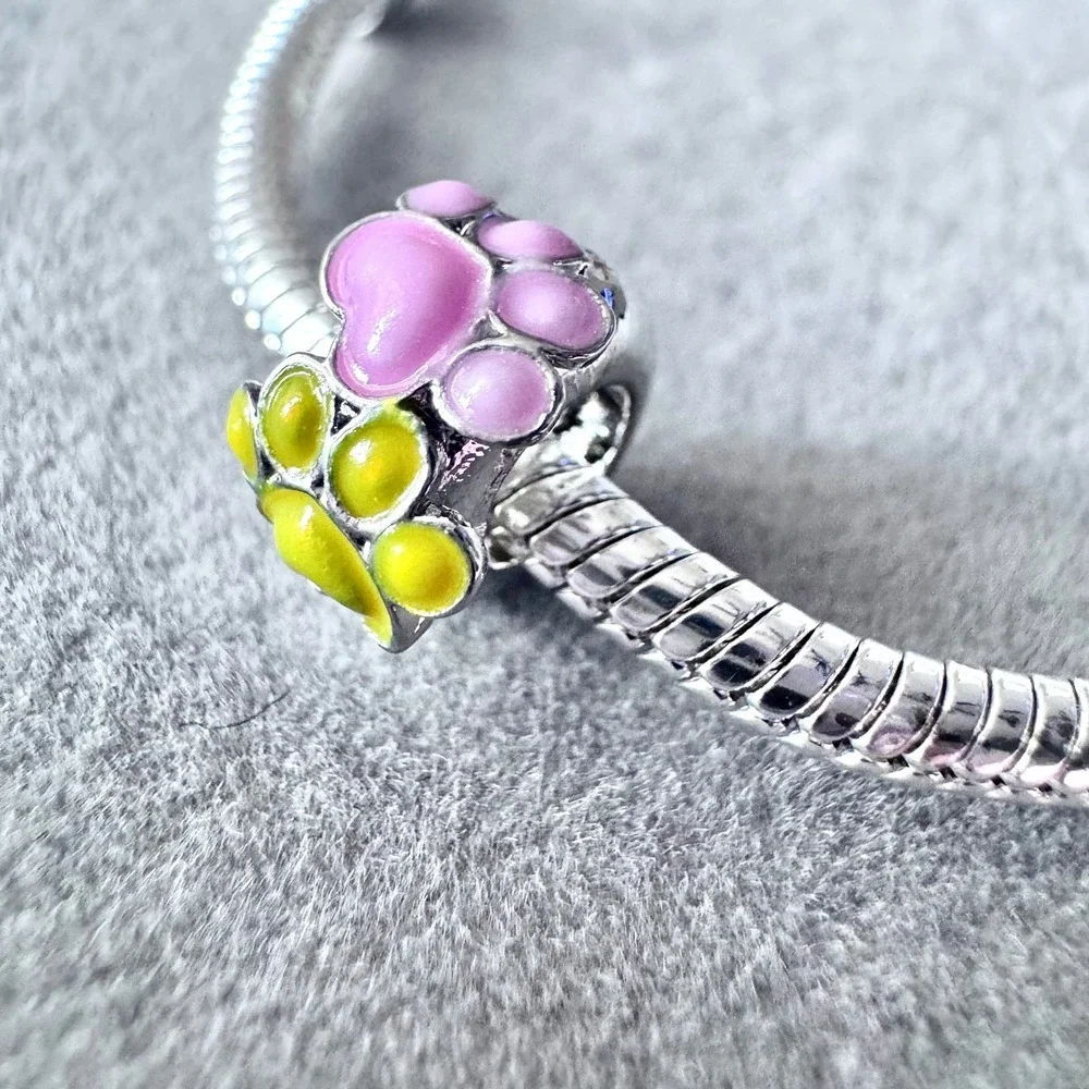 Pink Yellow Paw Print Bead Charm fits PANDORA